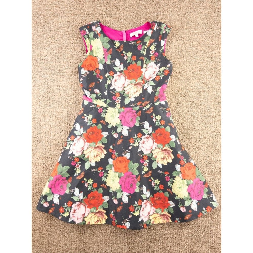 Baker By Ted Baker Dress Womens 14 Black Floral Sleeveless Midi Skater Ladies